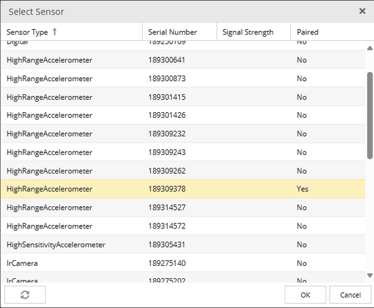 Select Sensor dialog listing sensors discovered by the gateway. Select the correct serial number and click OK.