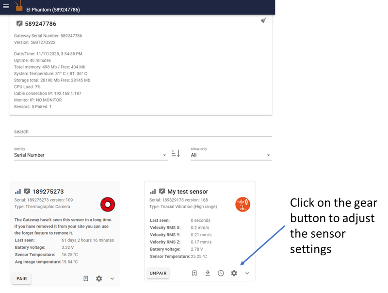 Gateway Live State screen. Click the gear button on a sensor card to access individual sensor settings.