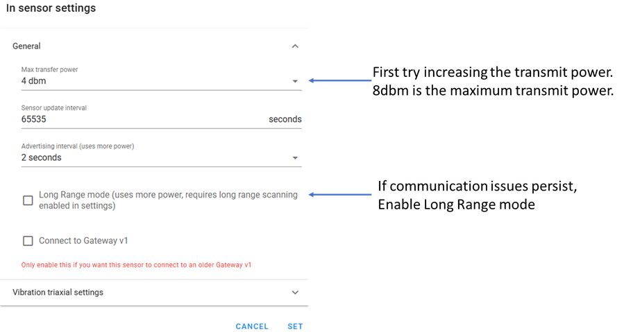 Sensor settings panel showing Max Transfer Power (currently 4 dBm) and Long Range mode option.