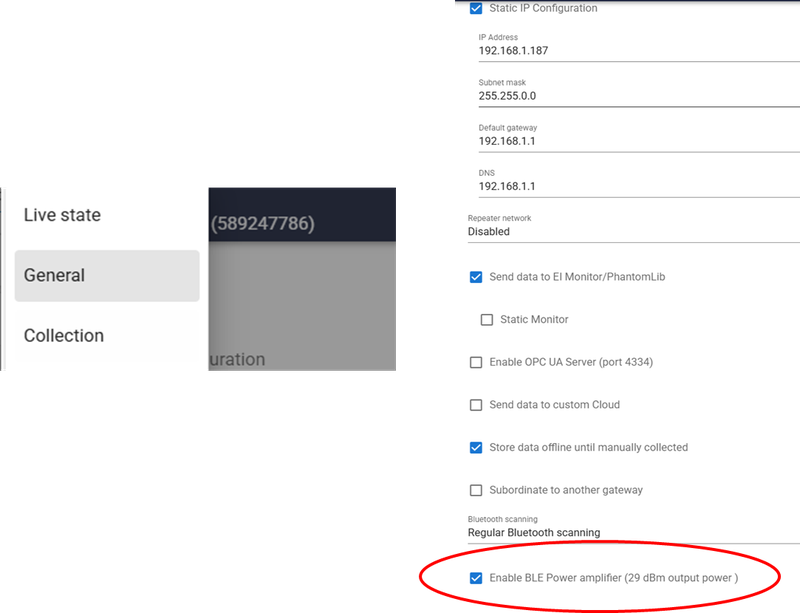 Gateway General page showing the Enable BLE Power amplifier option (circled). Also visible: static IP configuration and required InsightCM settings.