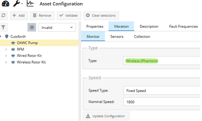 Asset Configuration – Vibration > Monitor tab with Type set to Wireless (Phantom) and Nominal Speed configured.