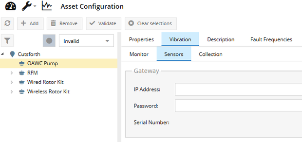 Sensors tab showing gateway IP Address, Password, and Serial Number fields.