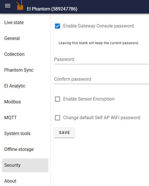 Gateway Security menu for configuring access password.