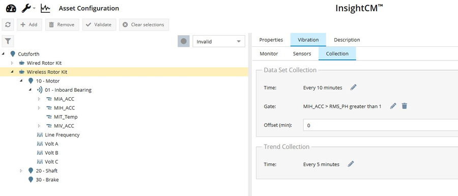 Vibration > Collection tab showing Data Set Collection (every 10 min, with RMS-PH gate) and Trend Collection (every 5 min) settings.