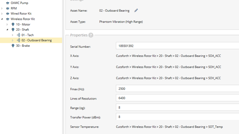 Phantom node properties panel showing serial number, axis assignments (X/Y/Z mapped to SOA/SOH/SOV channels), and the five configurable sensor settings.