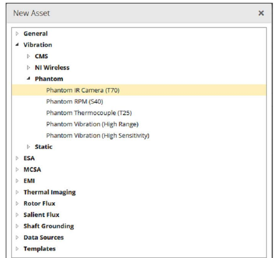 New Asset dialog showing available Phantom sensor types under Vibration » Phantom: IR Camera (T70), RPM (S40), Thermocouple (T25), Vibration (High Range), and Vibration (High Sensitivity).