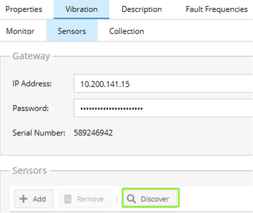 Sensors tab with Discover button. Gateway IP and Serial Number are populated after Update Configuration.