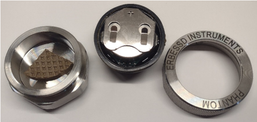 EPH-V11E sensor disassembled: base (left), sensor body with battery holder (center), and knurled ring with set screw (right).
